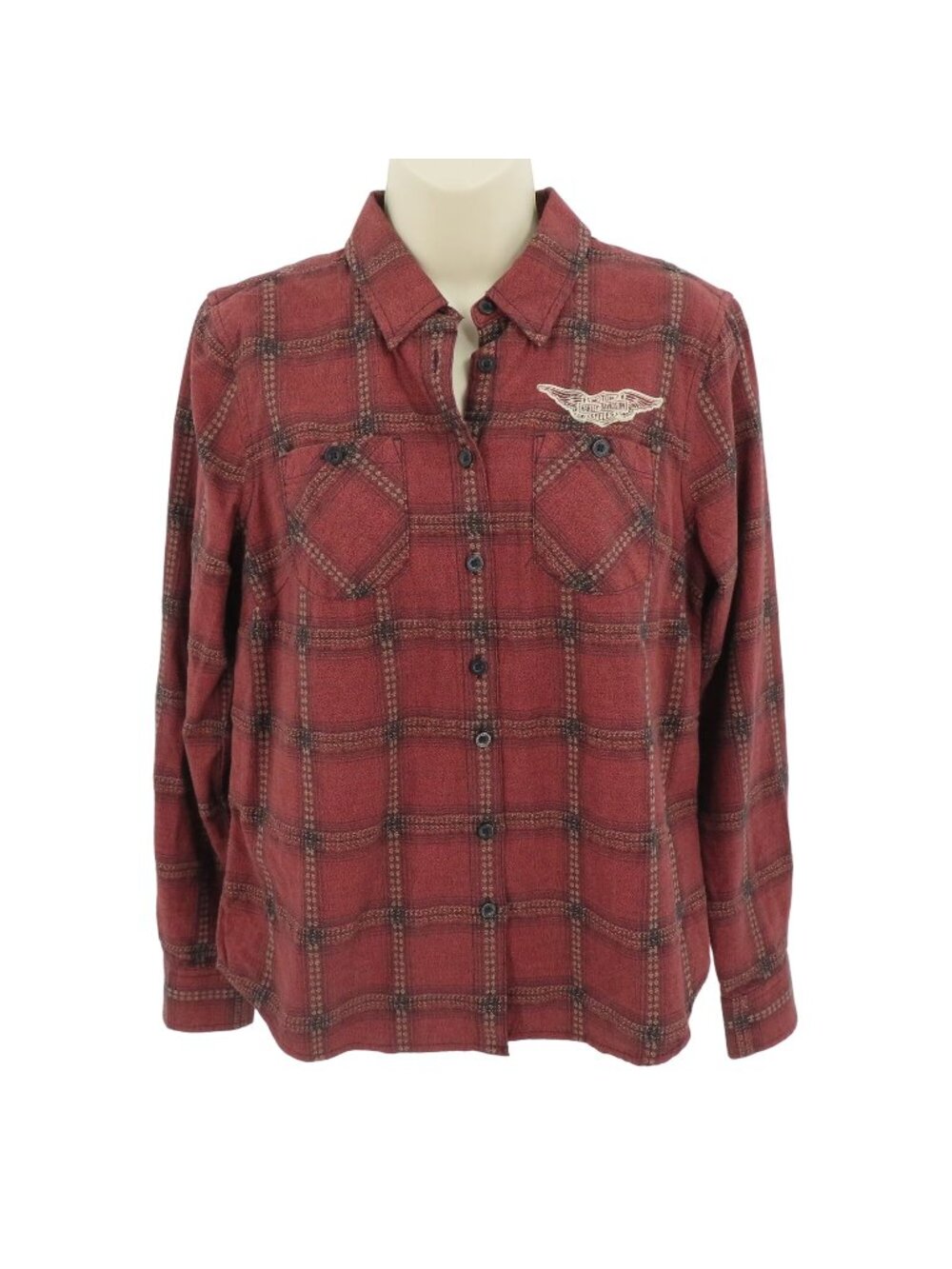 Harley Davidson Womens Petite Small PS Red Plaid Button Front Shirt Top Blouse